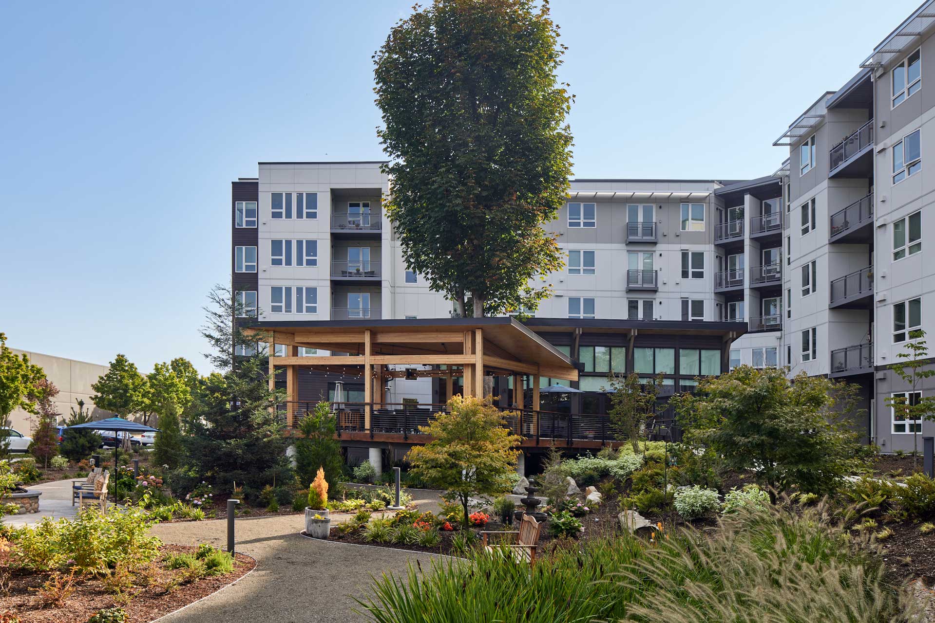 A modern multi-story apartment building surrounds a landscaped garden with a central wooden gazebo, various plants, trees, and walking paths—offering an inviting setting at MorningStar Senior Living Kirkland.