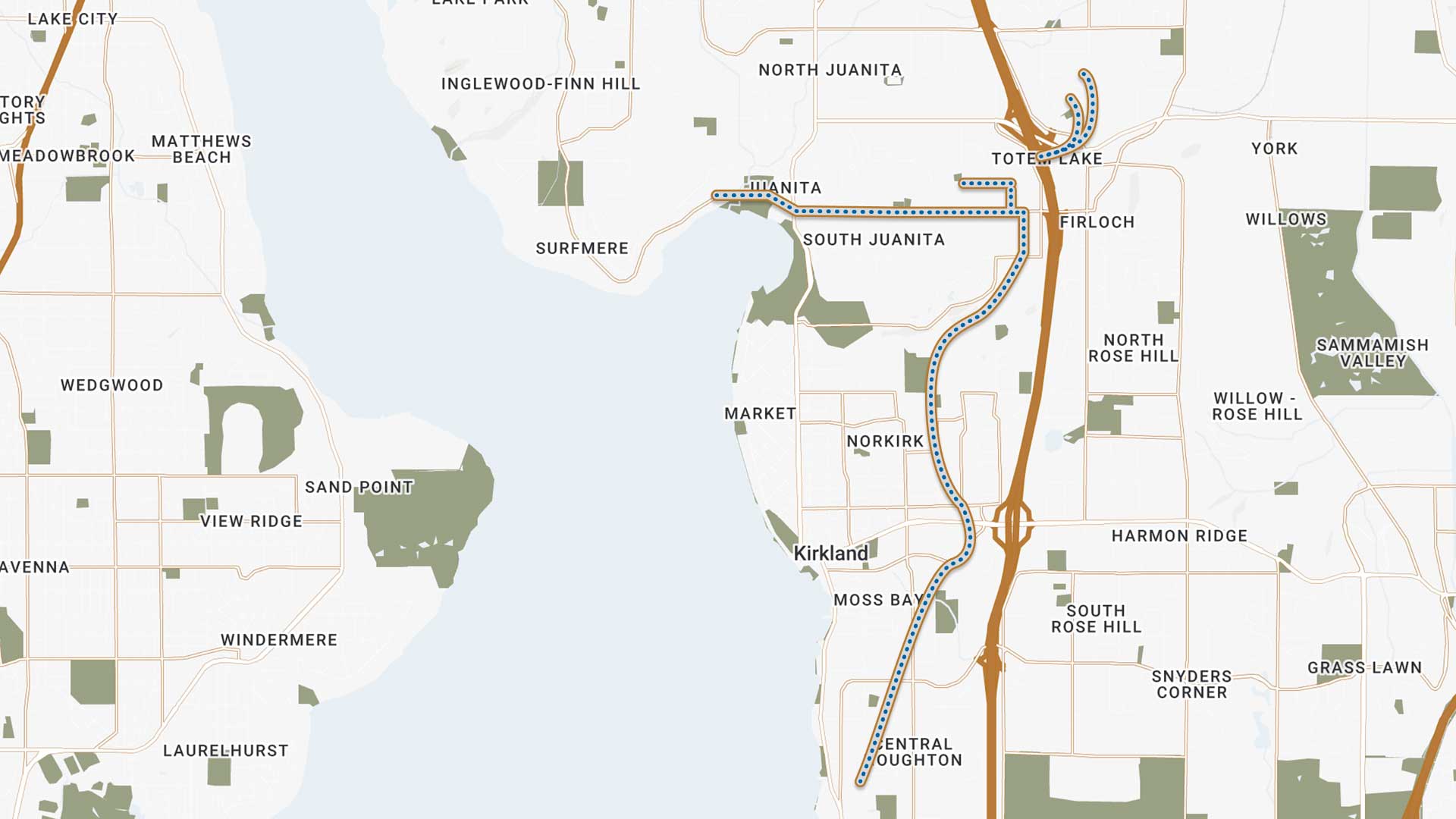 Map showing parts of Kirkland and surrounding areas near Lake Washington, with highways, neighborhoods, and geographic features labeled—including Totem Lake, Juanita, Market, and MorningStar Senior Living Kirkland. Major roads are highlighted in orange.