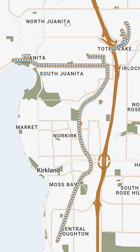 Map showing a transit route through Kirkland, Washington, including MorningStar Senior Living Kirkland, and passing areas like Juanita, Totem Lake, NorKirk, Moss Bay, and Central Houghton with major roads and neighborhoods labeled.